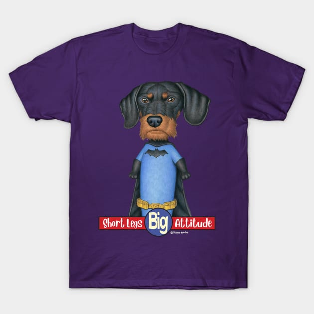 Awesome Doxie Dog on Black Dachshund Super Hero tee T-Shirt by Danny Gordon Art